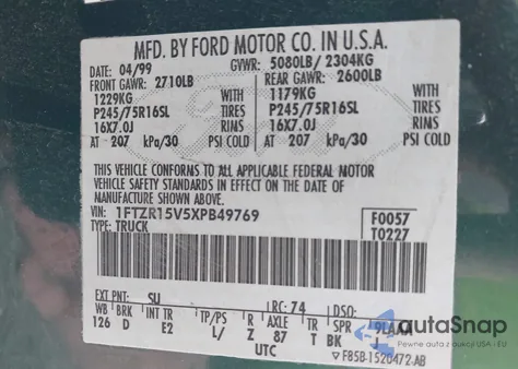 1999 Ford Ranger Xl/Xlt z USA, uszkodzony, nr VIN 1FTZR15V5XPB49769